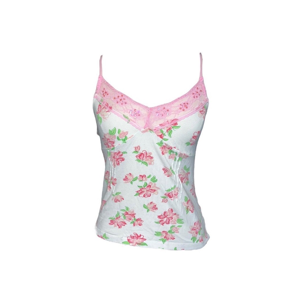 Y2K Floral Cami Tank Lace Detail White Pink Size Small